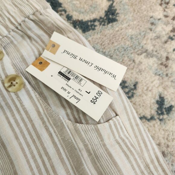 Land 'n Sea Wide Leg Pants Womens L Linen Blend Elastic White Beige Stripes - Picture 6 of 11